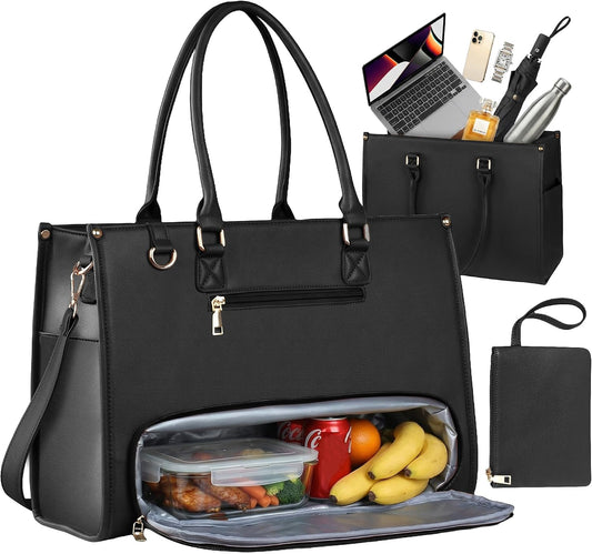 Office Work Tote Bag with Laptop Compartment and Lunch Section | Fit laptop, lunch & daily essentials in one tote. Padded laptop compartment & insulated lunch section, no more multiple bags