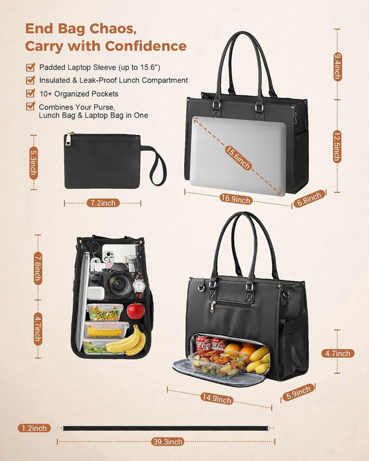 Office Work Tote Bag with Laptop Compartment and Lunch Section | Fit laptop, lunch & daily essentials in one tote. Padded laptop compartment & insulated lunch section, no more multiple bags