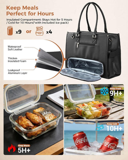 Office Work Tote Bag with Laptop Compartment and Lunch Section | Fit laptop, lunch & daily essentials in one tote. Padded laptop compartment & insulated lunch section, no more multiple bags
