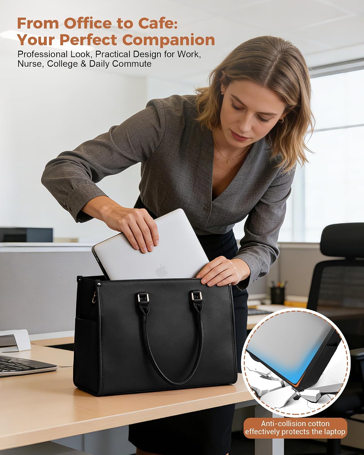 Office Work Tote Bag with Laptop Compartment and Lunch Section | Fit laptop, lunch & daily essentials in one tote. Padded laptop compartment & insulated lunch section, no more multiple bags