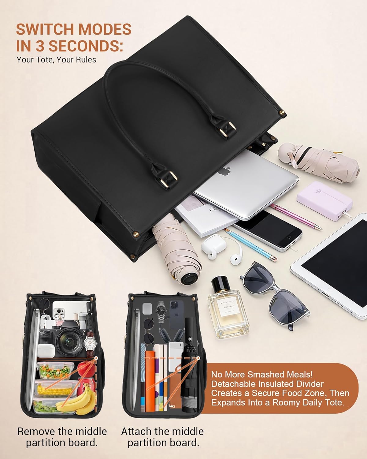 Office Work Tote Bag with Laptop Compartment and Lunch Section | Fit laptop, lunch & daily essentials in one tote. Padded laptop compartment & insulated lunch section, no more multiple bags