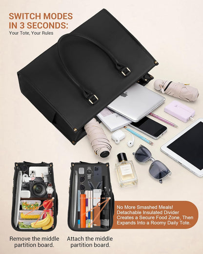 Office Work Tote Bag with Laptop Compartment and Lunch Section | Fit laptop, lunch & daily essentials in one tote. Padded laptop compartment & insulated lunch section, no more multiple bags