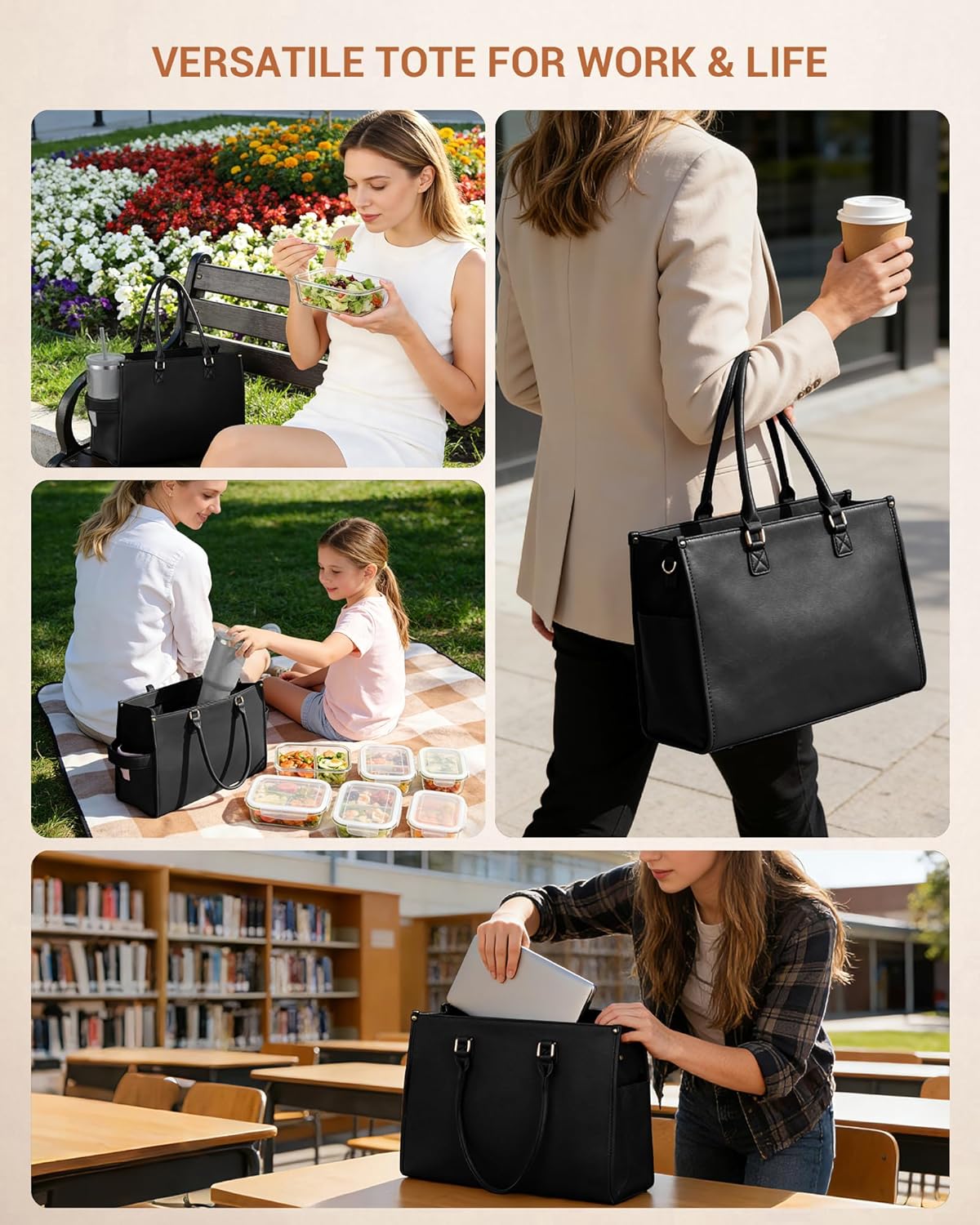 Office Work Tote Bag with Laptop Compartment and Lunch Section | Fit laptop, lunch & daily essentials in one tote. Padded laptop compartment & insulated lunch section, no more multiple bags