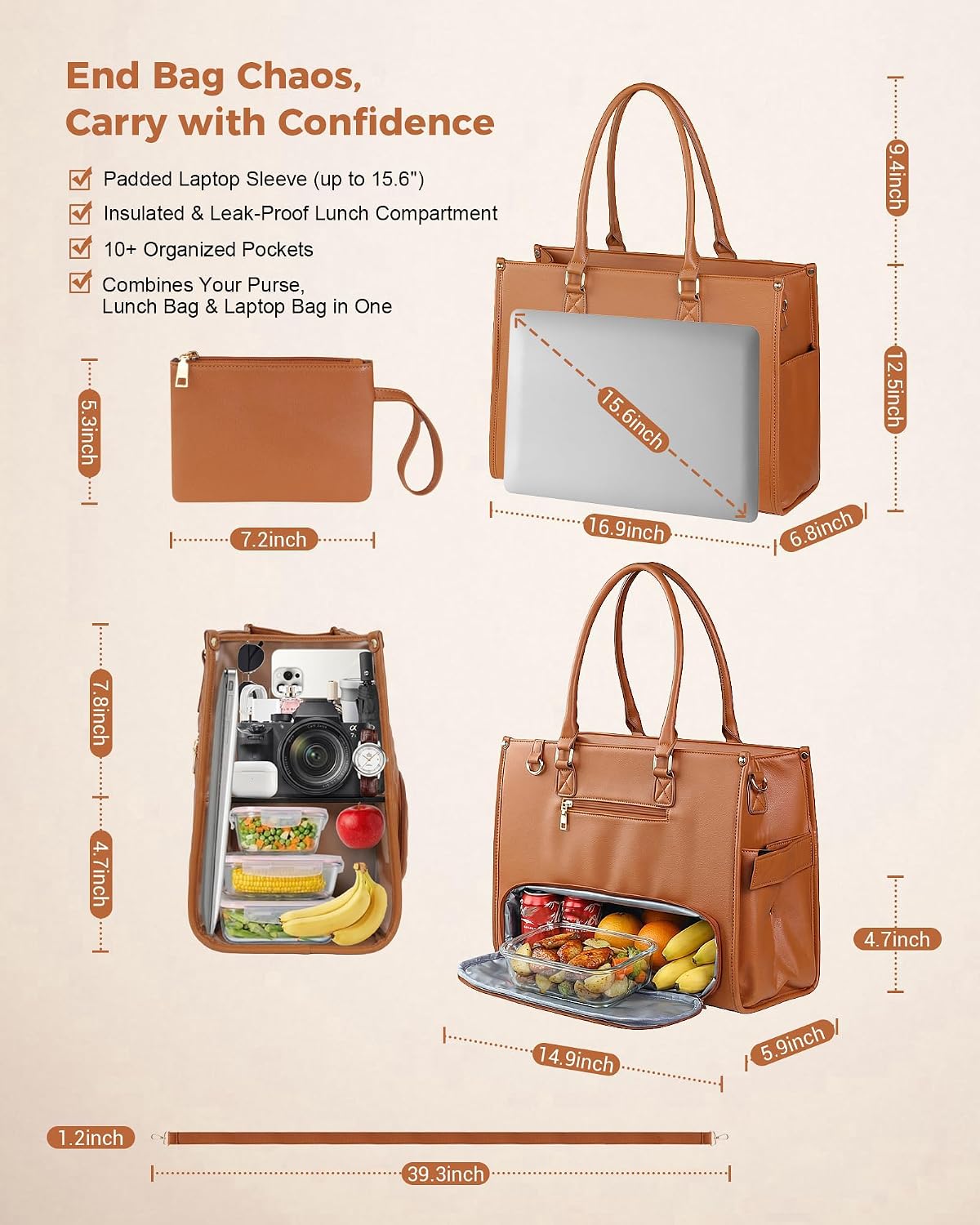 Office Work Tote Bag with Laptop Compartment and Lunch Section | Fit laptop, lunch & daily essentials in one tote. Padded laptop compartment & insulated lunch section, no more multiple bags