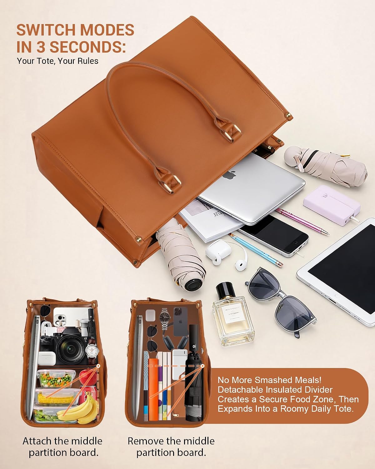 Office Work Tote Bag with Laptop Compartment and Lunch Section | Fit laptop, lunch & daily essentials in one tote. Padded laptop compartment & insulated lunch section, no more multiple bags