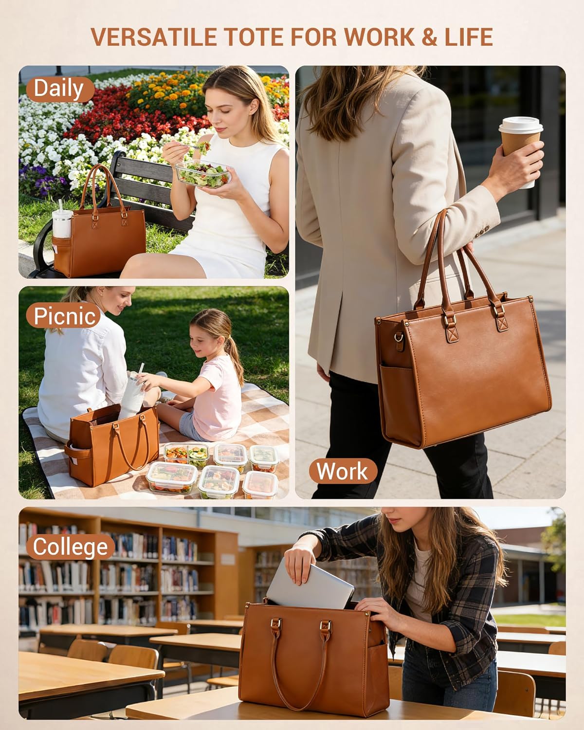 Office Work Tote Bag with Laptop Compartment and Lunch Section | Fit laptop, lunch & daily essentials in one tote. Padded laptop compartment & insulated lunch section, no more multiple bags