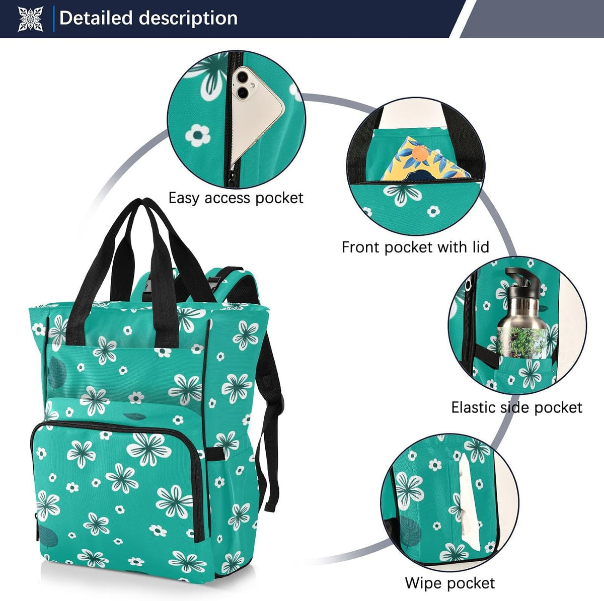 Diaper Bag Backpack, Multifunction Travel Bag for Moms Dads, Baby Changing Bag with Insulted Pockets, Stroller Straps and Side Bottle Pockets White Floral Pattern