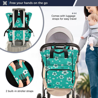 Diaper Bag Backpack, Multifunction Travel Bag for Moms Dads, Baby Changing Bag with Insulted Pockets, Stroller Straps and Side Bottle Pockets White Floral Pattern