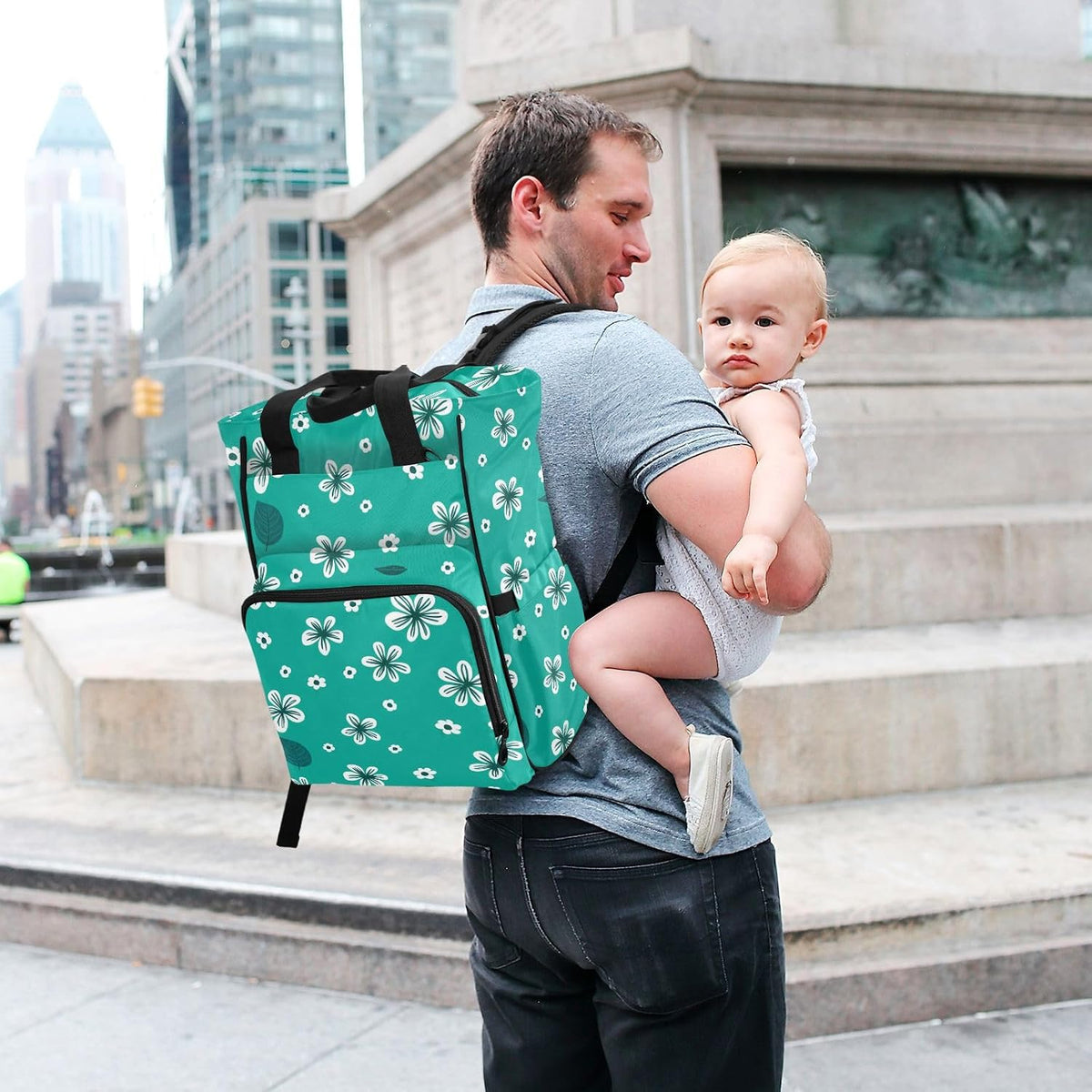 Diaper Bag Backpack, Multifunction Travel Bag for Moms Dads, Baby Changing Bag with Insulted Pockets, Stroller Straps and Side Bottle Pockets White Floral Pattern