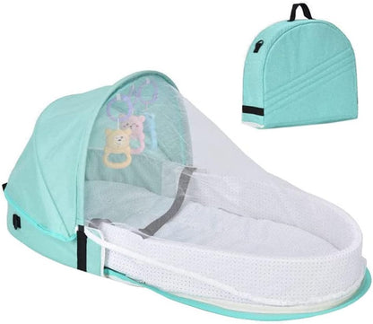 Portable Baby Travel Cot with Net and Awning Foldable Baby Cot Changing Bag Linen Cotton Bionic Design 0-18 Months with Toys for Newborns Infants (Red Wine)