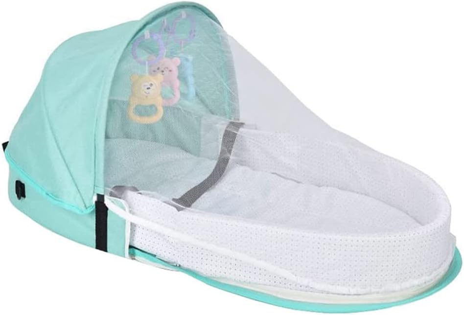 Portable Baby Travel Cot with Net and Awning Foldable Baby Cot Changing Bag Linen Cotton Bionic Design 0-18 Months with Toys for Newborns Infants (Red Wine)