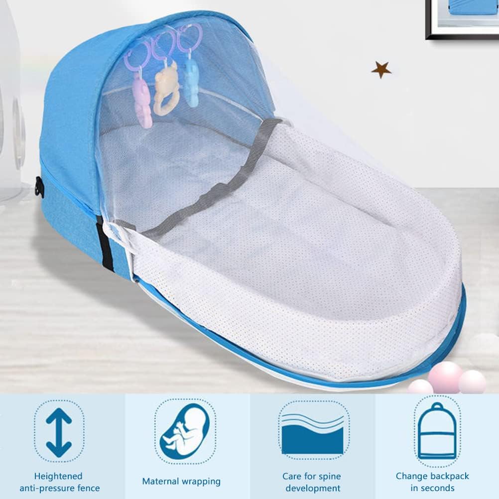 Portable Baby Travel Cot with Net and Awning Foldable Baby Cot Changing Bag Linen Cotton Bionic Design 0-18 Months with Toys for Newborns Infants (Red Wine)