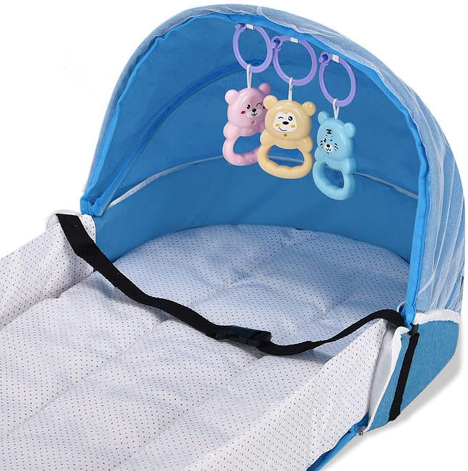 Portable Baby Travel Cot with Net and Awning Foldable Baby Cot Changing Bag Linen Cotton Bionic Design 0-18 Months with Toys for Newborns Infants (Red Wine)