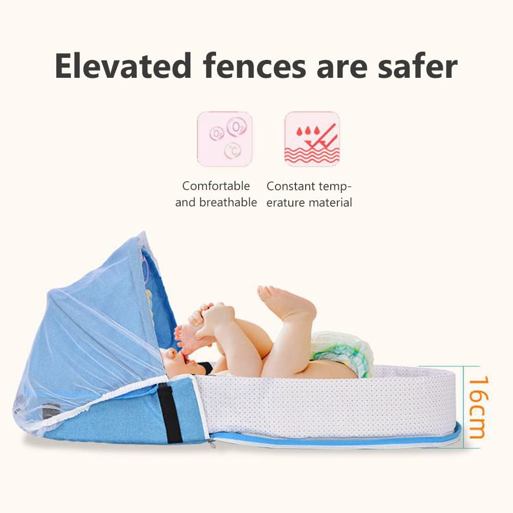Portable Baby Travel Cot with Net and Awning Foldable Baby Cot Changing Bag Linen Cotton Bionic Design 0-18 Months with Toys for Newborns Infants (Red Wine)