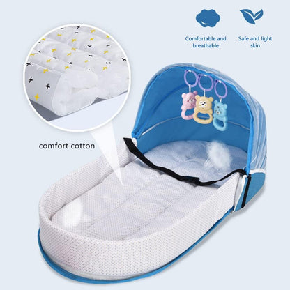 Portable Baby Travel Cot with Net and Awning Foldable Baby Cot Changing Bag Linen Cotton Bionic Design 0-18 Months with Toys for Newborns Infants (Red Wine)