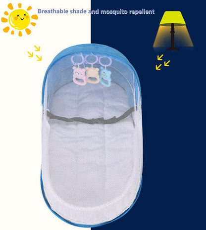 Portable Baby Travel Cot with Net and Awning Foldable Baby Cot Changing Bag Linen Cotton Bionic Design 0-18 Months with Toys for Newborns Infants (Red Wine)