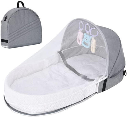 Portable Baby Travel Cot with Net and Awning Foldable Baby Cot Changing Bag Linen Cotton Bionic Design 0-18 Months with Toys for Newborns Infants (Red Wine)