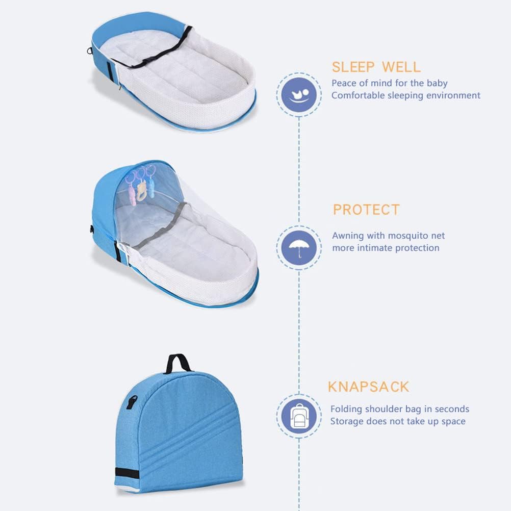 Portable Baby Travel Cot with Net and Awning Foldable Baby Cot Changing Bag Linen Cotton Bionic Design 0-18 Months with Toys for Newborns Infants (Red Wine)