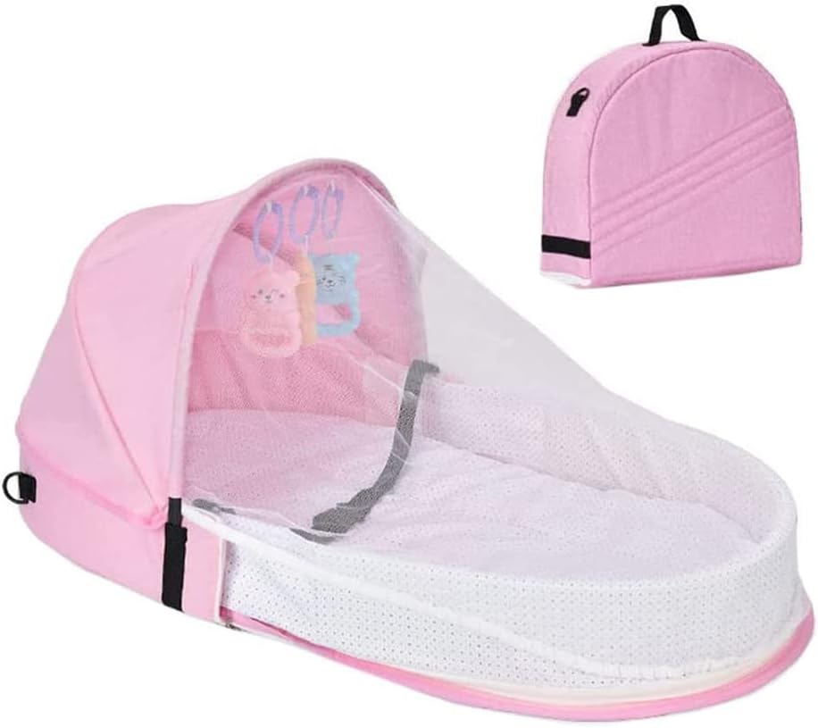 Portable Baby Travel Cot with Net and Awning Foldable Baby Cot Changing Bag Linen Cotton Bionic Design 0-18 Months with Toys for Newborns Infants (Red Wine)
