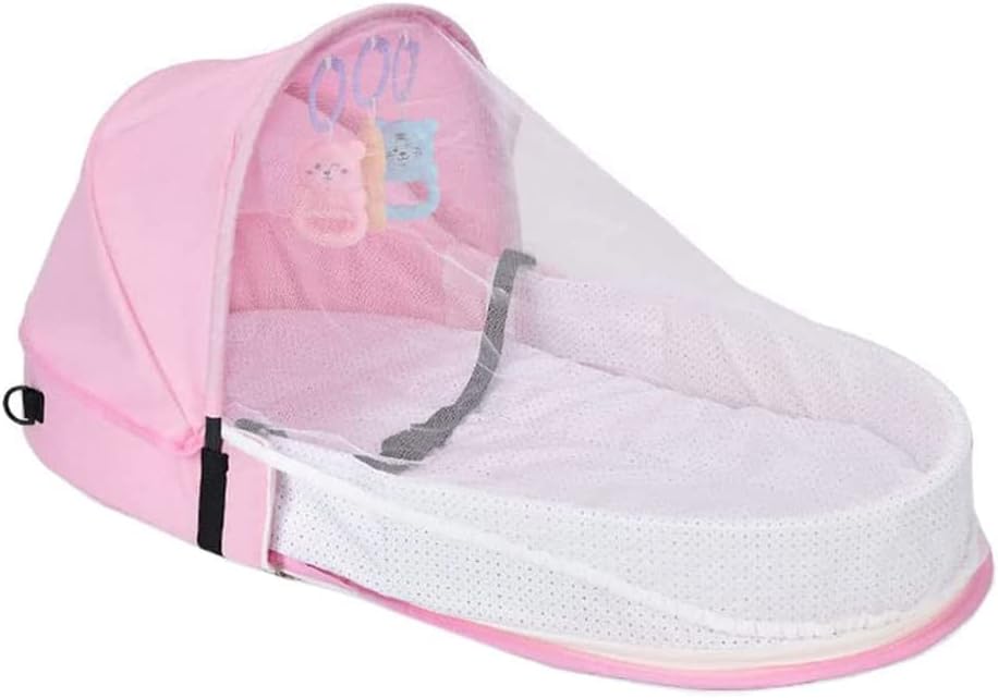 Portable Baby Travel Cot with Net and Awning Foldable Baby Cot Changing Bag Linen Cotton Bionic Design 0-18 Months with Toys for Newborns Infants (Red Wine)