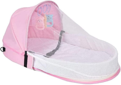 Portable Baby Travel Cot with Net and Awning Foldable Baby Cot Changing Bag Linen Cotton Bionic Design 0-18 Months with Toys for Newborns Infants (Red Wine)