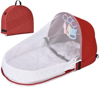 Portable Baby Travel Cot with Net and Awning Foldable Baby Cot Changing Bag Linen Cotton Bionic Design 0-18 Months with Toys for Newborns Infants (Red Wine)