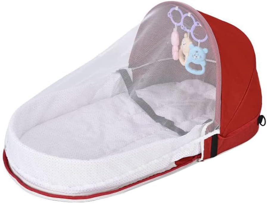 Portable Baby Travel Cot with Net and Awning Foldable Baby Cot Changing Bag Linen Cotton Bionic Design 0-18 Months with Toys for Newborns Infants (Red Wine)