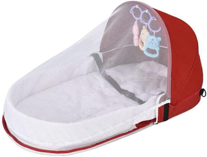 Portable Baby Travel Cot with Net and Awning Foldable Baby Cot Changing Bag Linen Cotton Bionic Design 0-18 Months with Toys for Newborns Infants (Red Wine)