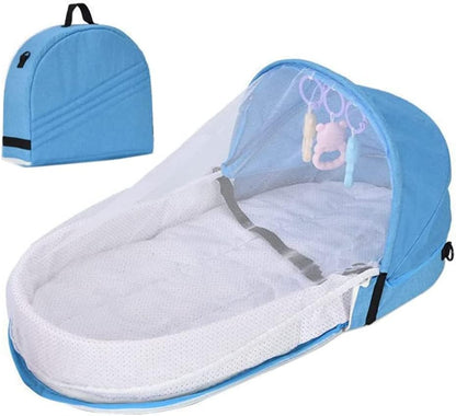Portable Baby Travel Cot with Net and Awning Foldable Baby Cot Changing Bag Linen Cotton Bionic Design 0-18 Months with Toys for Newborns Infants (Red Wine)