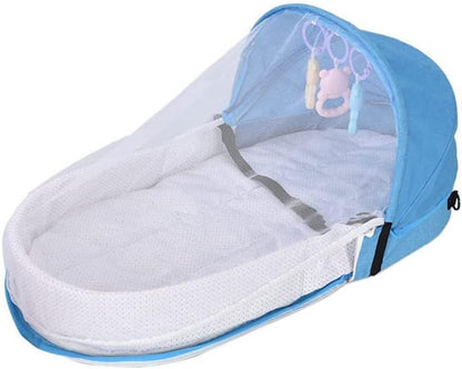 Portable Baby Travel Cot with Net and Awning Foldable Baby Cot Changing Bag Linen Cotton Bionic Design 0-18 Months with Toys for Newborns Infants (Red Wine)