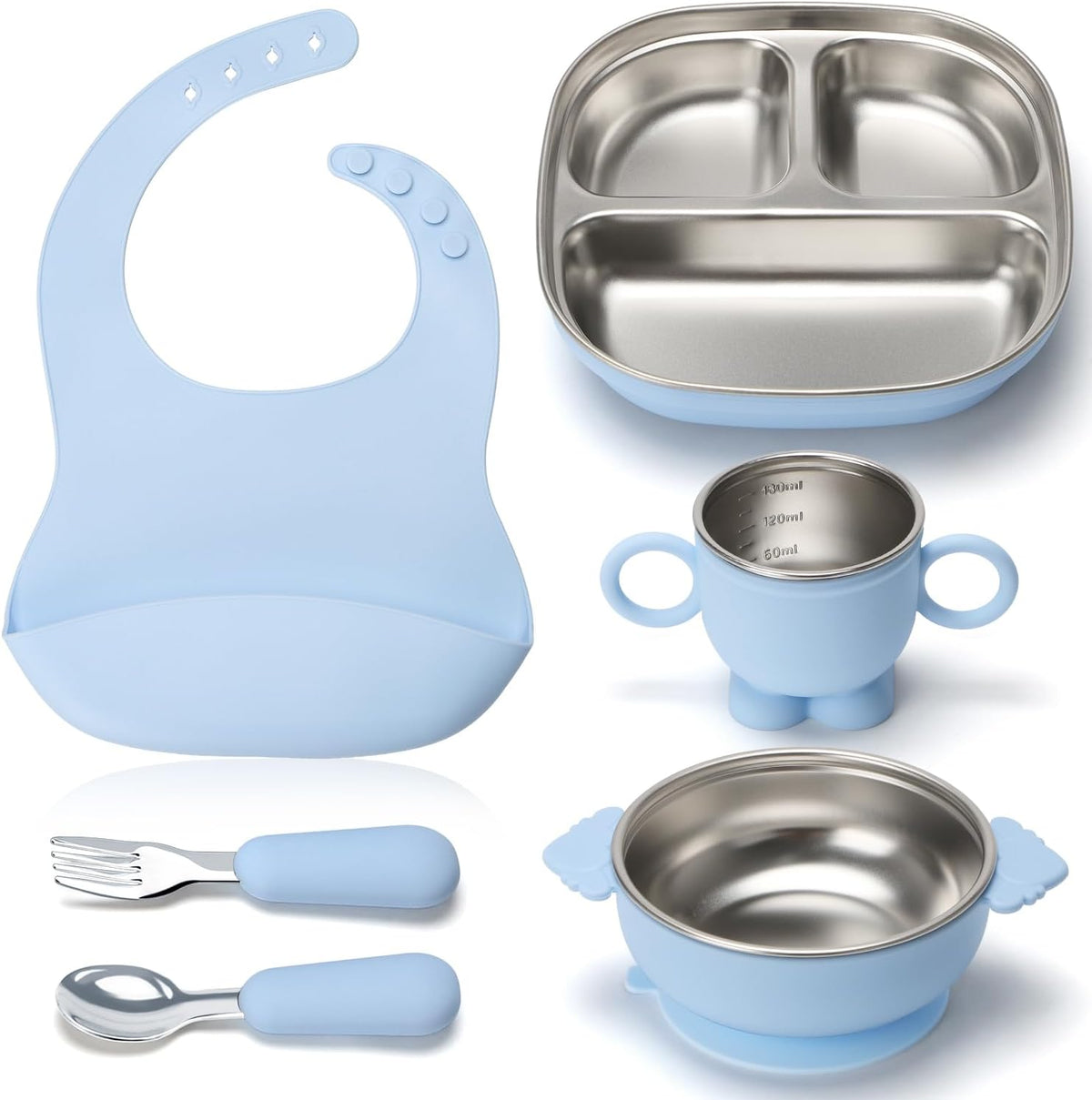 Silicone feeding kit, stainless steel dish, BPA-free, includes suction bowl, divider plate, spoon, fork, water cup and bib, suitable for self-feeding, and utensils (Blue)