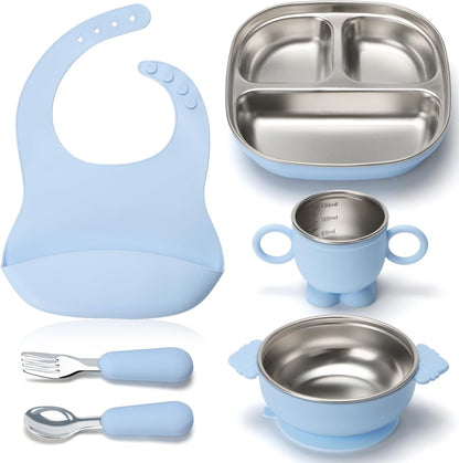 Silicone feeding kit, stainless steel dish, BPA-free, includes suction bowl, divider plate, spoon, fork, water cup and bib, suitable for self-feeding, and utensils (Blue)