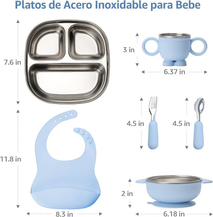 Silicone feeding kit, stainless steel dish, BPA-free, includes suction bowl, divider plate, spoon, fork, water cup and bib, suitable for self-feeding, and utensils (Blue)