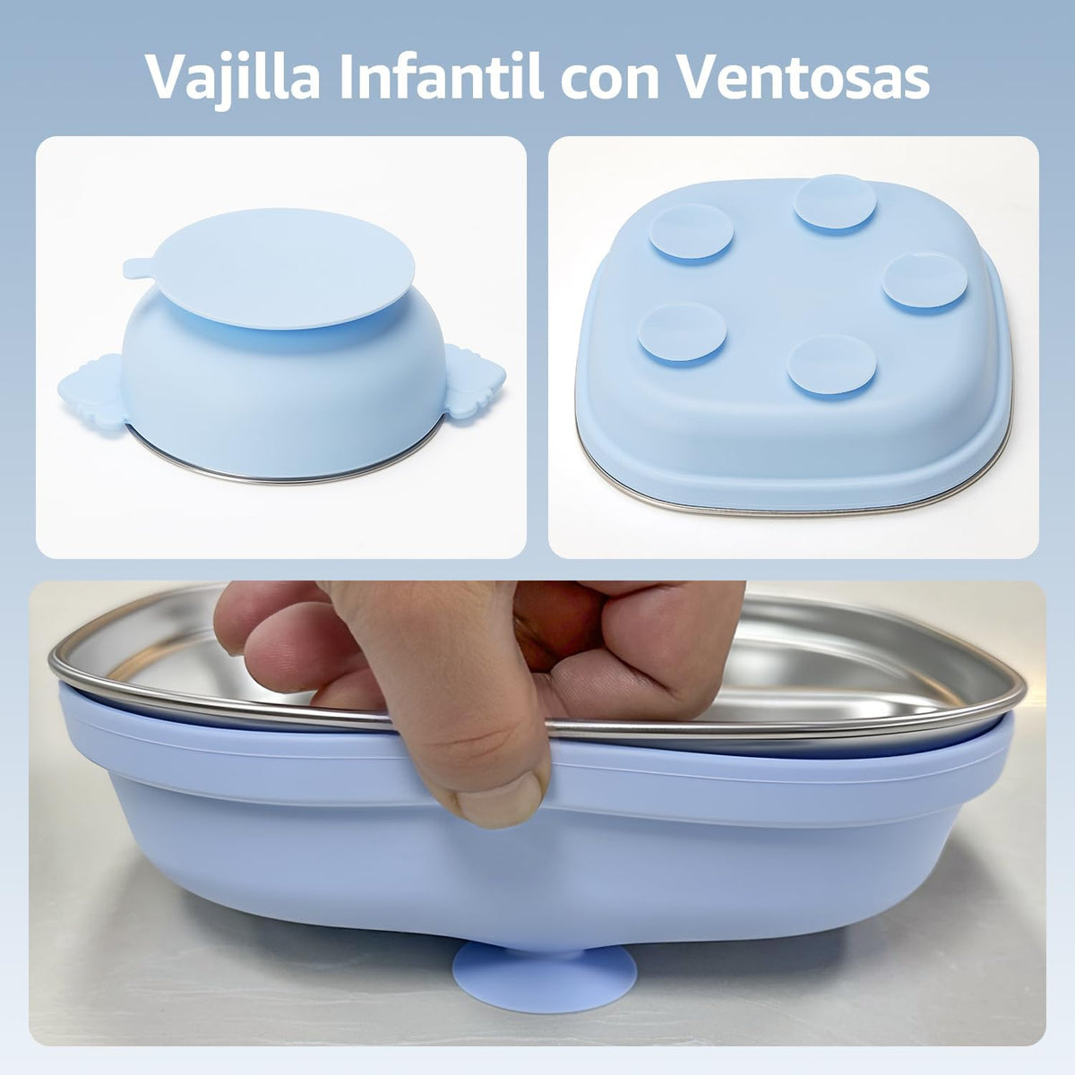 Silicone feeding kit, stainless steel dish, BPA-free, includes suction bowl, divider plate, spoon, fork, water cup and bib, suitable for self-feeding, and utensils (Blue)