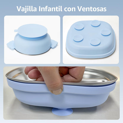 Silicone feeding kit, stainless steel dish, BPA-free, includes suction bowl, divider plate, spoon, fork, water cup and bib, suitable for self-feeding, and utensils (Blue)