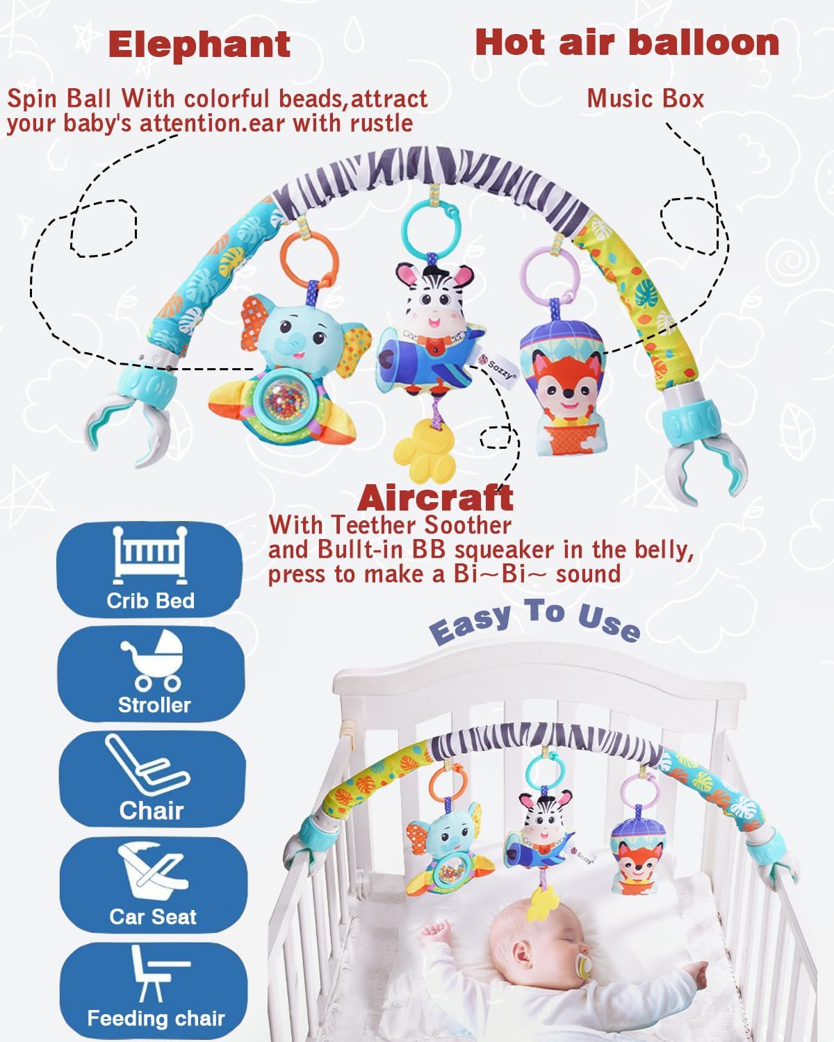 Baby Stroller Arch Toys, Car Seat Toys,Bouncer Toy Bar/Mobile for Bassinet,Adjustable Baby Hanging Toys Fit for Crib Bed,Stroller,Car Seat.S-19(Crab)