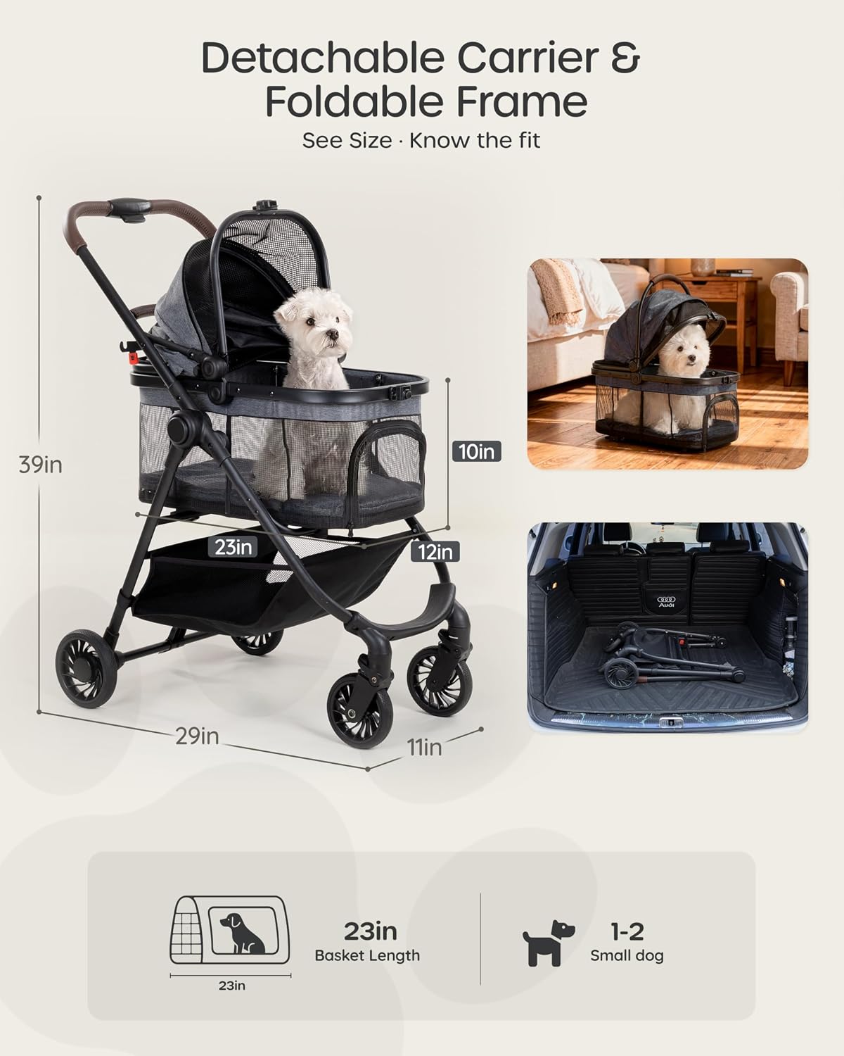 3 in 1 Pet Carrier Stroller for Small/Medium Dogs up to 33 lbs