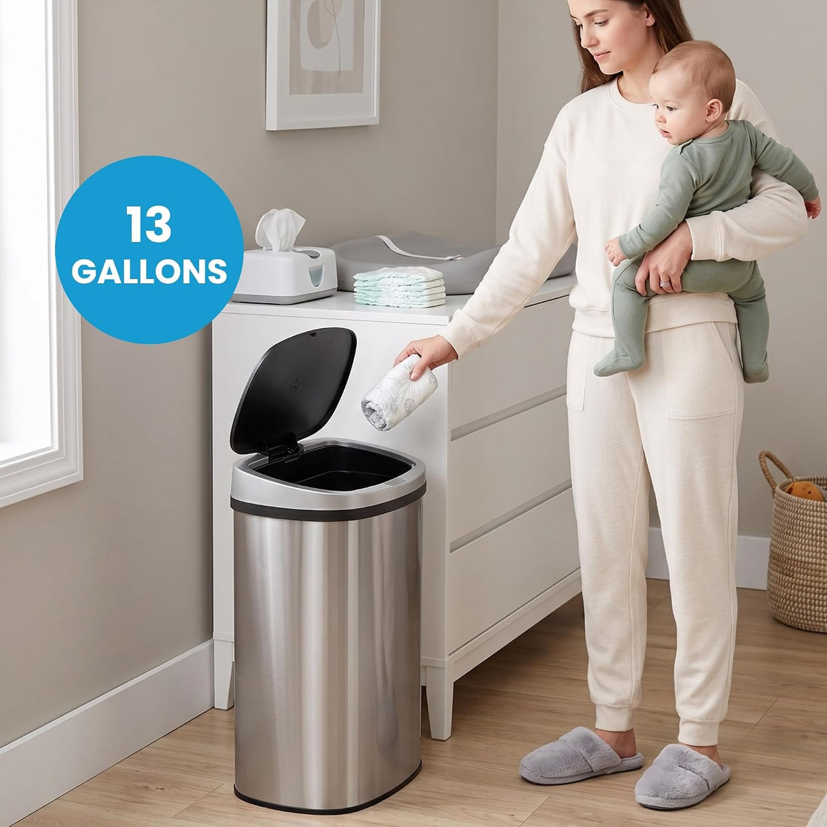 13 Gallon Press-Open Lid Odorless Diaper Pail | Fits 135 Diapers