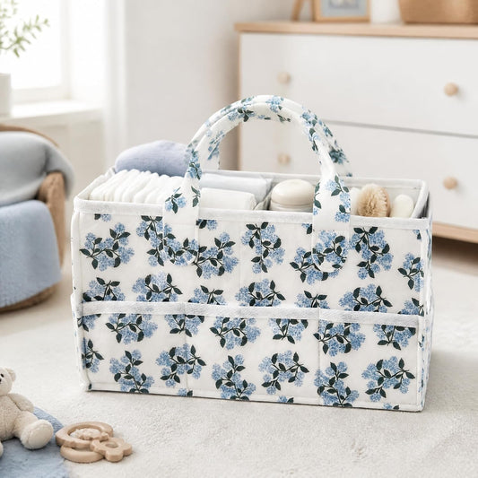 Floral Diaper Caddy Organizer with Removable Dividers Blue Flower Baby Nappy Caddy for Nursery/Car/Changing Table, Decorative Storage for Newborn Essentials (Blue Flower)