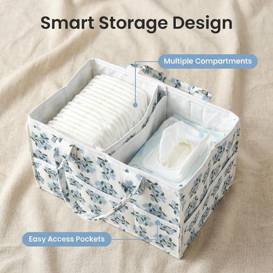 Floral Diaper Caddy Organizer with Removable Dividers Blue Flower Baby Nappy Caddy for Nursery/Car/Changing Table, Decorative Storage for Newborn Essentials (Blue Flower)