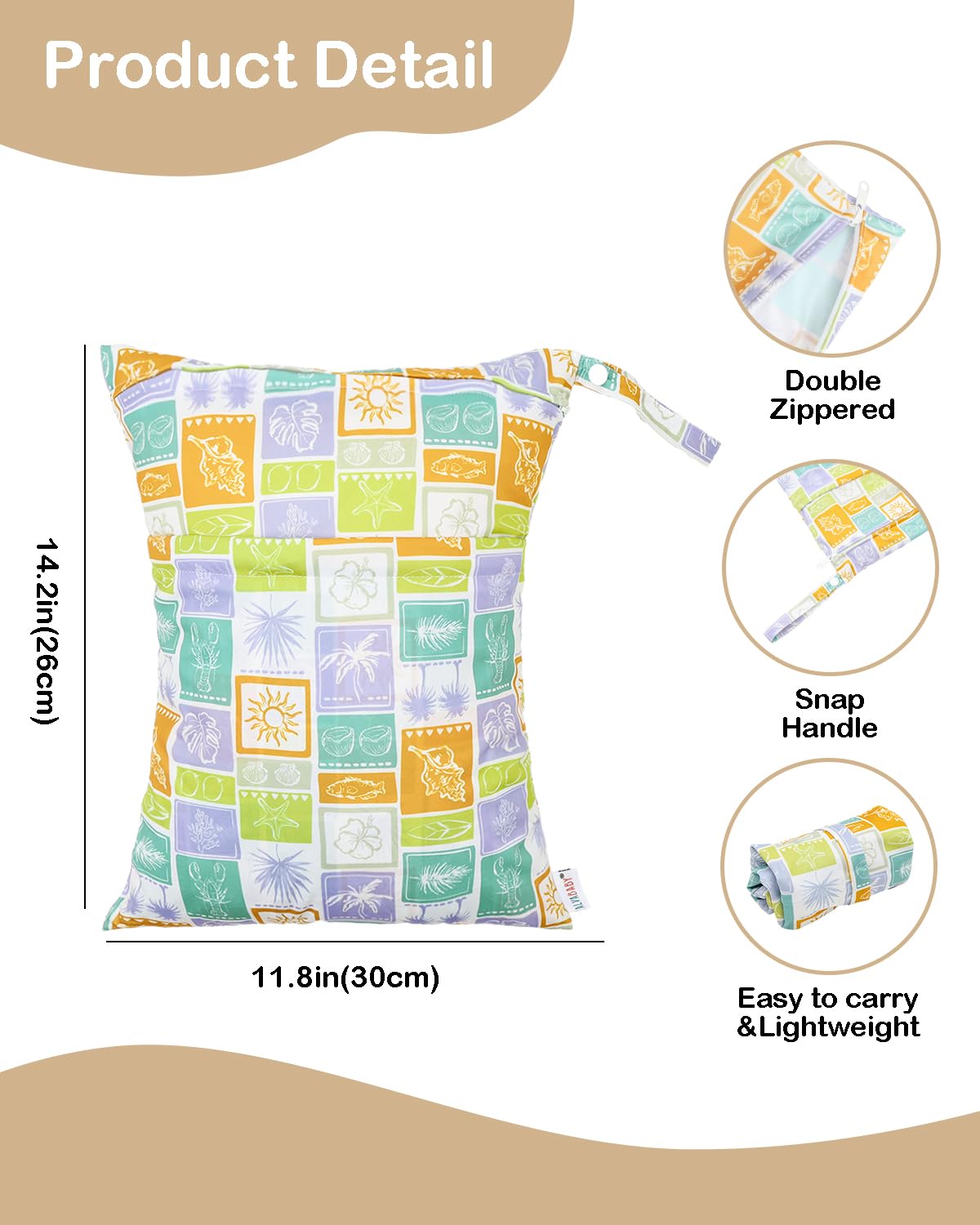 ALVA 2pcs Cloth Diaper Wet Dry Bags Waterproof Reusable with Two Zippered Pockets Travel Beach Pool Daycare Soiled Baby Items Yoga Gym Bag for Swimsuits or Wet Clothes L-B1929
