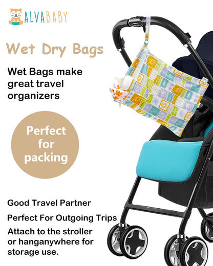 ALVA 2pcs Cloth Diaper Wet Dry Bags Waterproof Reusable with Two Zippered Pockets Travel Beach Pool Daycare Soiled Baby Items Yoga Gym Bag for Swimsuits or Wet Clothes L-B1929