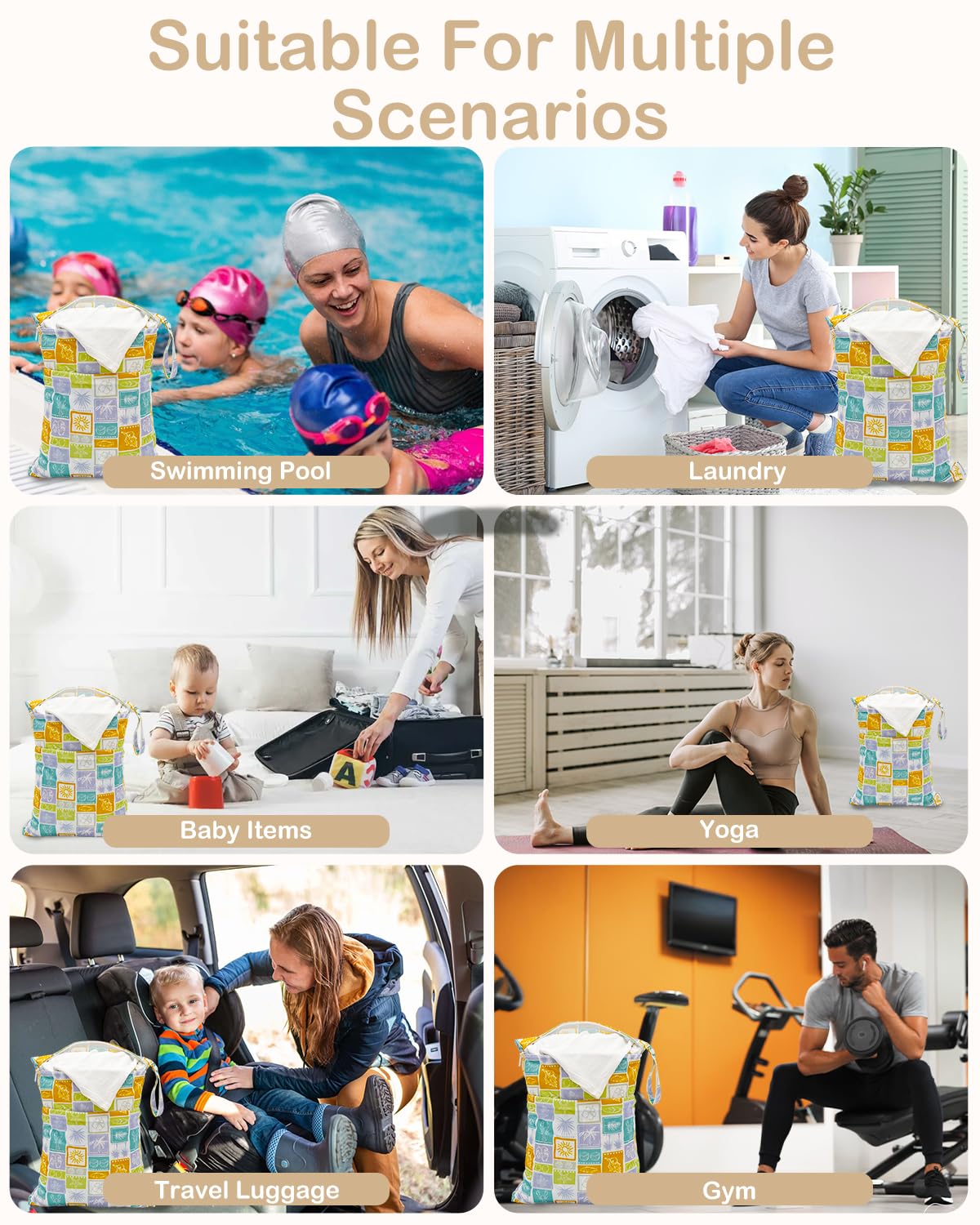 ALVA 2pcs Cloth Diaper Wet Dry Bags Waterproof Reusable with Two Zippered Pockets Travel Beach Pool Daycare Soiled Baby Items Yoga Gym Bag for Swimsuits or Wet Clothes L-B1929