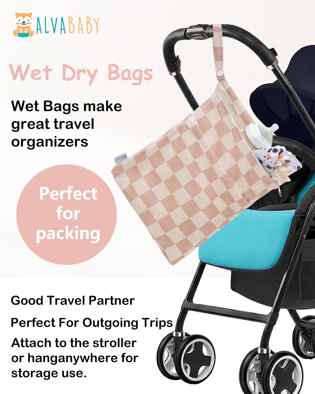 ALVA 2pcs Cloth Diaper Wet Dry Bags Waterproof Reusable with Two Zippered Pockets Travel Beach Pool Daycare Soiled Baby Items Yoga Gym Bag for Swimsuits or Wet Clothes L-B1929