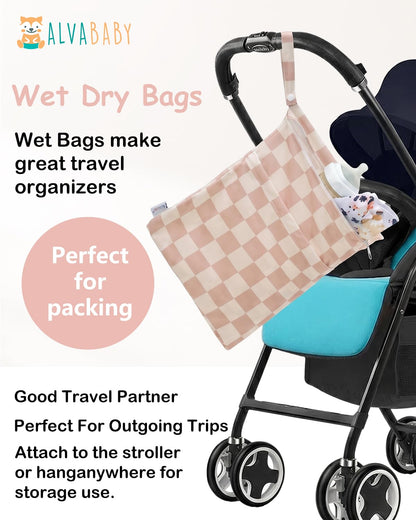 ALVA 2pcs Cloth Diaper Wet Dry Bags Waterproof Reusable with Two Zippered Pockets Travel Beach Pool Daycare Soiled Baby Items Yoga Gym Bag for Swimsuits or Wet Clothes L-B1929