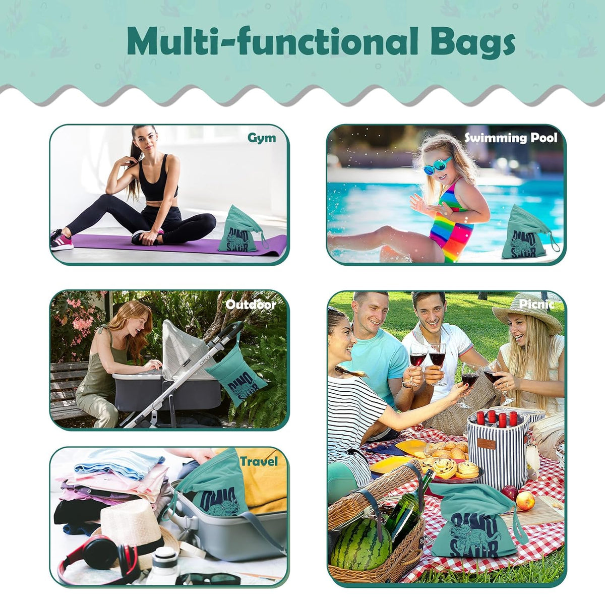 ALVA 2pcs Cloth Diaper Wet Dry Bags Waterproof Reusable with Two Zippered Pockets Travel Beach Pool Daycare Soiled Baby Items Yoga Gym Bag for Swimsuits or Wet Clothes L-B1929