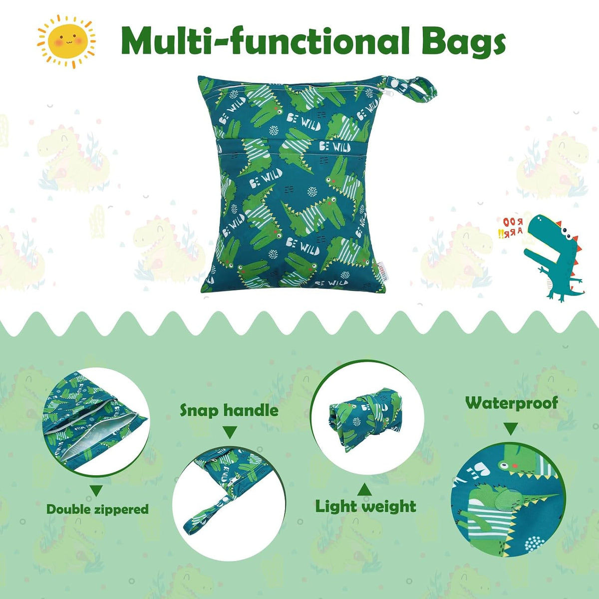 ALVA 2pcs Cloth Diaper Wet Dry Bags Waterproof Reusable with Two Zippered Pockets Travel Beach Pool Daycare Soiled Baby Items Yoga Gym Bag for Swimsuits or Wet Clothes L-B1929