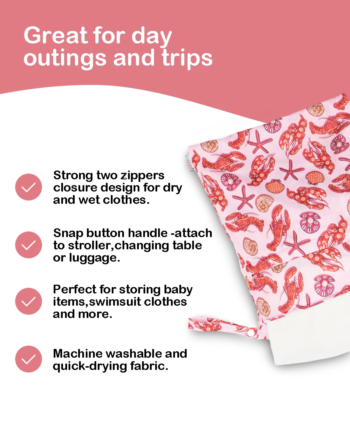 ALVA 2pcs Cloth Diaper Wet Dry Bags Waterproof Reusable with Two Zippered Pockets Travel Beach Pool Daycare Soiled Baby Items Yoga Gym Bag for Swimsuits or Wet Clothes L-B1929