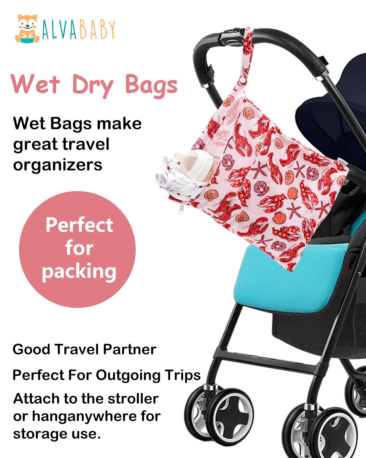 ALVA 2pcs Cloth Diaper Wet Dry Bags Waterproof Reusable with Two Zippered Pockets Travel Beach Pool Daycare Soiled Baby Items Yoga Gym Bag for Swimsuits or Wet Clothes L-B1929