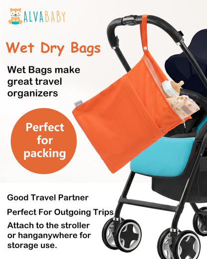 ALVA 2pcs Cloth Diaper Wet Dry Bags Waterproof Reusable with Two Zippered Pockets Travel Beach Pool Daycare Soiled Baby Items Yoga Gym Bag for Swimsuits or Wet Clothes L-B1929